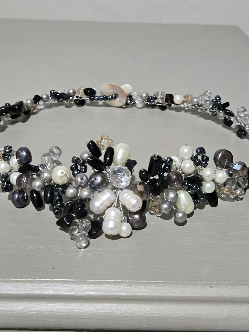 Handmade Cluster Necklace in Pearl, Black, Silver & White With Toggle Clasp